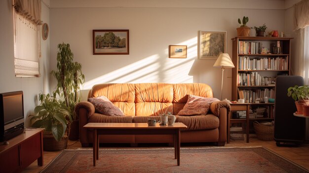 Comfortable living room with sofa table lamp and painting