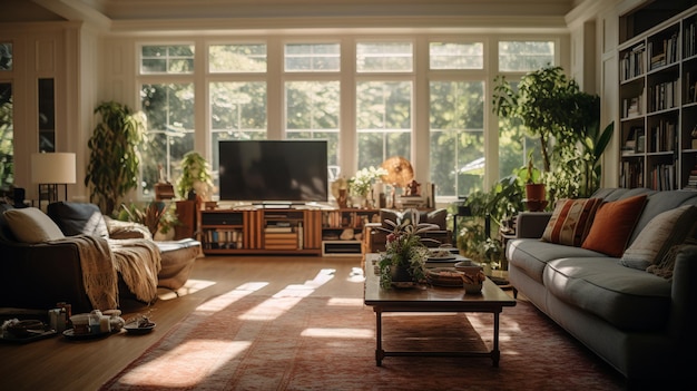 Comfortable living room with sofa table lamp and painting