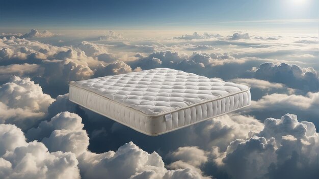 Photo comfortable mattress floating on a cloudy sky