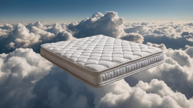 Photo comfortable mattress floating on a cloudy sky