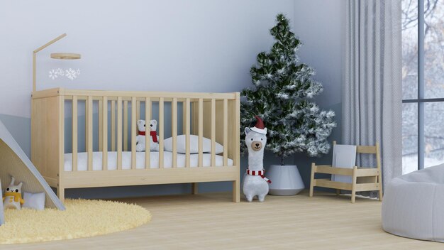 Comfortable and minimal baby's bedroom interior with wooden baby crib toys Christmas tree