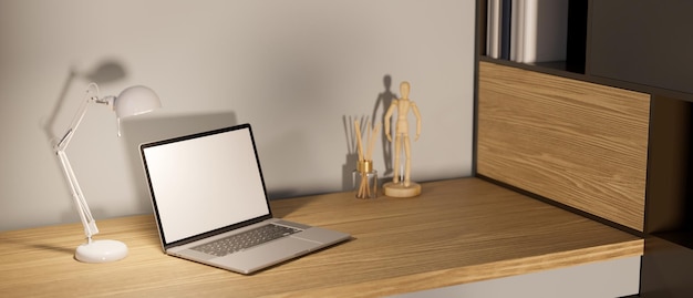 Comfortable minimal office desk workspace with laptop table
lamp and decors on stylish wood table