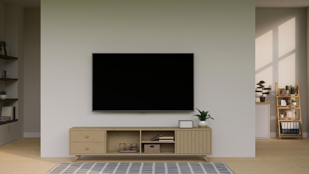 Comodo soggiorno minimalista scandinavo con tv sul mobile tv in legno bianco con pareti