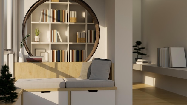 Comfortable and minimalist living room with sofa against the circle wall bookshelves and decor