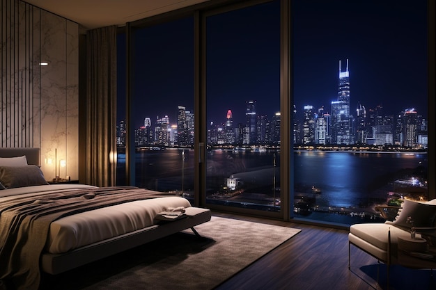 Comfortable modern bedroom illuminated