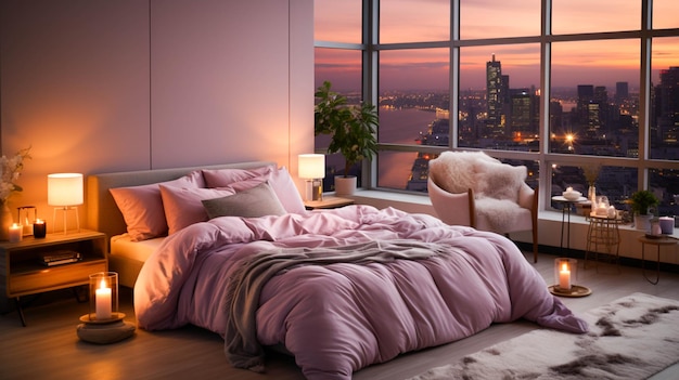 Comfortable modern bedroom with elegant decoration and cozy