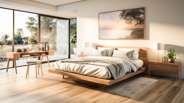 Foto confortevole camera da letto moderna con decorazioni eleganti e accoglienti