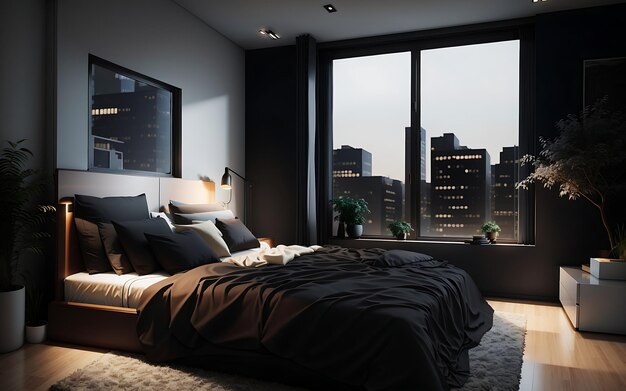 Уютная современная спальня с элегантным декором и генеративным искусственным освещением