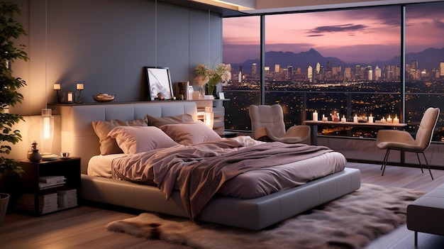 Comfortable modern bedroom with elegant decoration and lighting