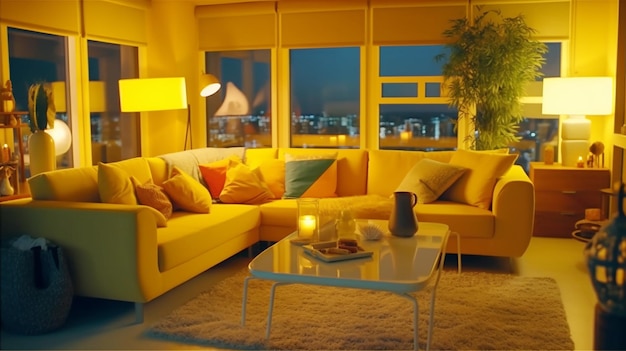 Comfortable modern living room illuminated by yellow lighting background