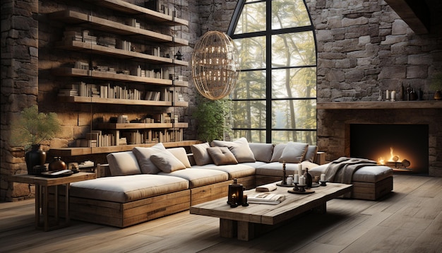 Comfortable modern living room with elegant architecture and rustic decor generated by artificial intelligence