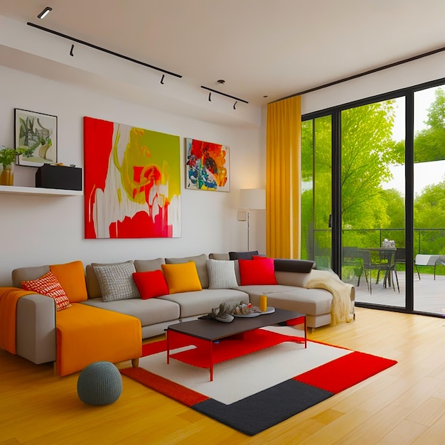 Comfortable modern living room with vibrant natural colors generated by ai