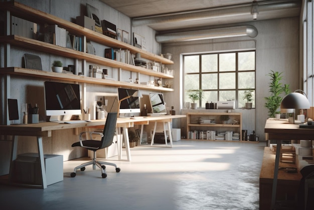 Comfortable and modern loft style office space smooth concrete walls glossy floors wooden computer t