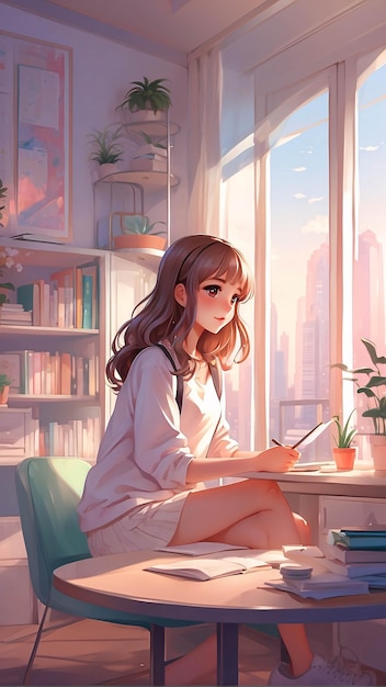 Comfortable Modern Study Room by the Window in a city high buildings Anime Illustration Wallpaper