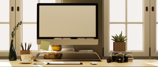 창 3d 렌더링을 통해 홈 오피스 PC 컴퓨터의 편안한 현대적인 작업 공간 컴퓨터 책상