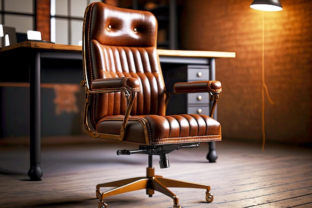 Photo comfortable office brown leather chair on stand with wheels