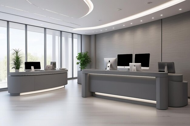 Comfortable office hall with gray reception desk and computers ar c v