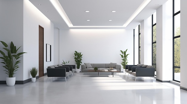 Comfortable office lobby interior with blank white wall and grey sofa Generative AI