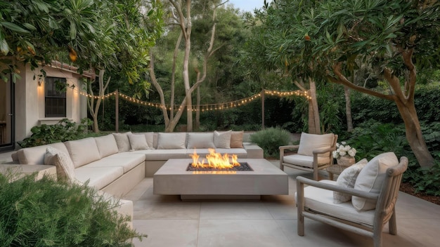 comfortable patio area in a beautifully designed backyard