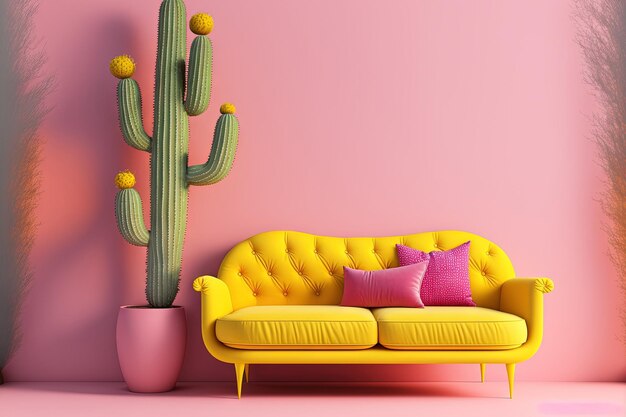 Comfortable pink sofa with a yellow background a floor light a coffee table with a book and a cactus