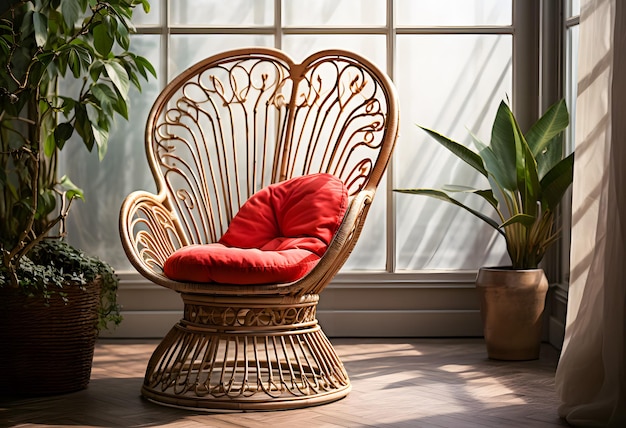 窓際の家具のインテリアデザインに枕と緑の植物が付いた快適なラッタンアームチェア