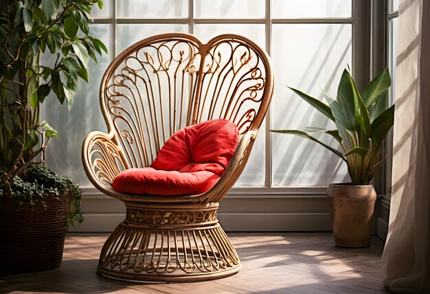 Comfortable rattan armchair with pillows and green plants on windowsill furniture interior design