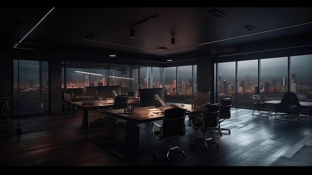 Comfortable and refined office space in a modern building dark muted tones a wooden desktop with a d