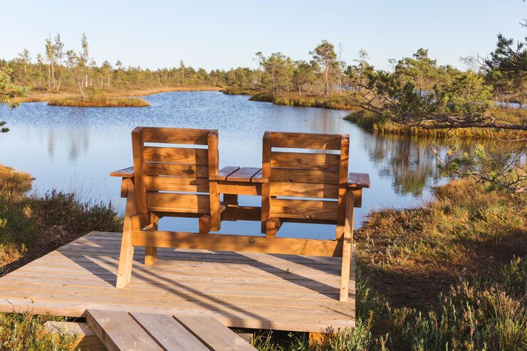 Photo comfortable resting place, wooden chairs or benches on wooden terrace on the shore of swamp, pond, scandinavian landscape. latvia