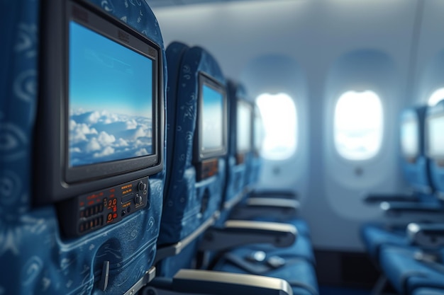 Удобные ряды синих сидений в самолете с центральным телевизионным экраном в современном интерьере кабины