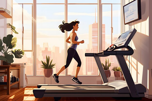 Photo comfortable running on an indoor treadmill with a beautiful view