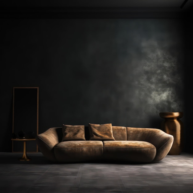 Photo a comfortable sofa on ciment floor against a background of a dark classic wall highdefinition phot