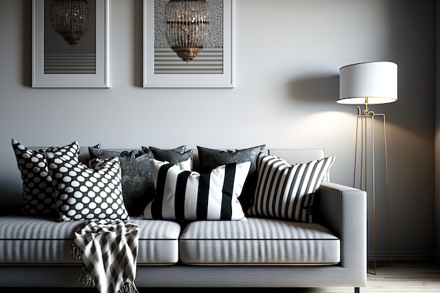 Comfortable sofa in a contemporary living room with grey striped pillows