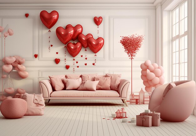 バレンタインデーのための快適なソファと装飾
