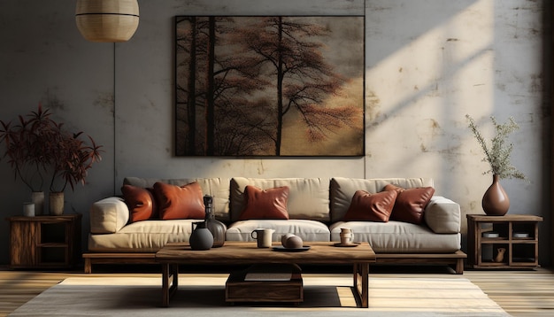 Удобный диван в современной элегантной гостиной с ярким солнечным светом, генерируемым искусственным интеллектом.