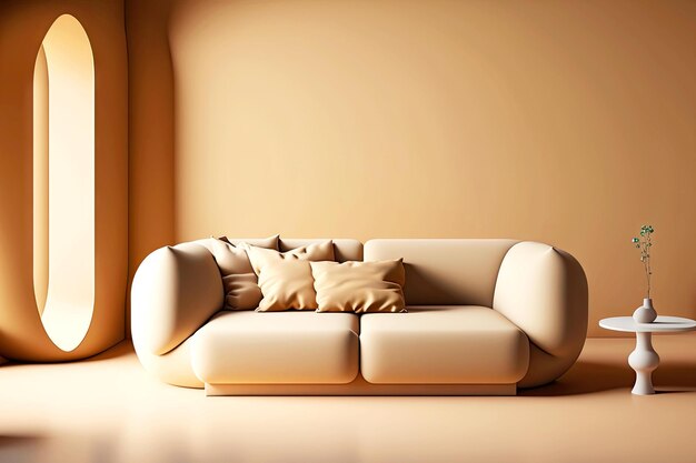 Comfortable sofa standing against wall in light beige 3d rendering minimal room generative ai