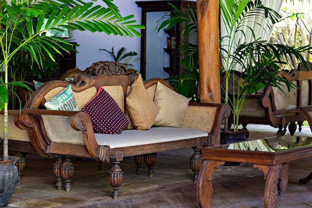 Comfortable sofa with decorative pillows in hotel lobby Watamu Kenya