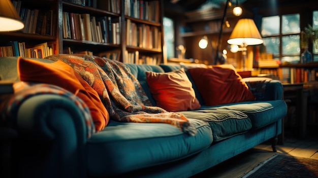 Comfortable sofa with pillows in cozy living room at night