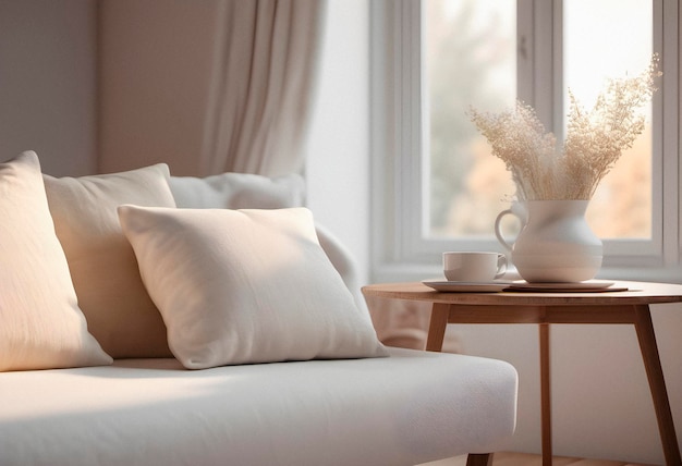 部屋のクローザップの枕付きの快適なソファ インテリアデザイン