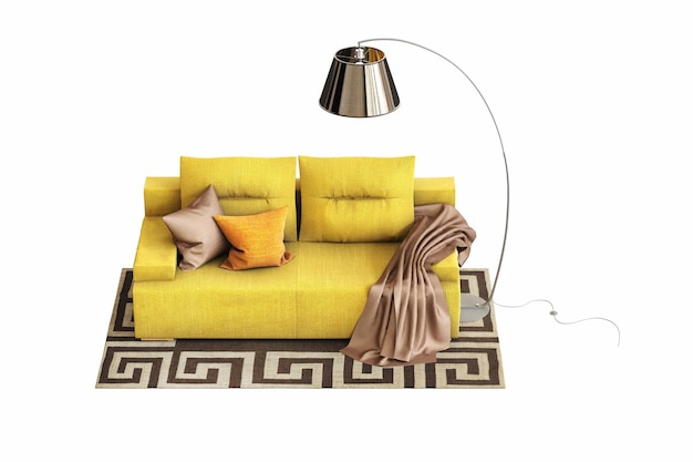 白い背景インテリア家具 3 D イラストレーション cg レンダリングに分離された快適な柔らかいソファ