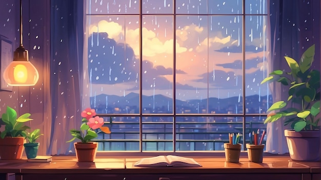 Photo comfortable study room with rainy clouds outside the window anime illustration wallpaper