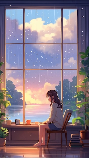Comfortable Study Room with Rainy clouds outside the Window Anime Illustration Wallpaper