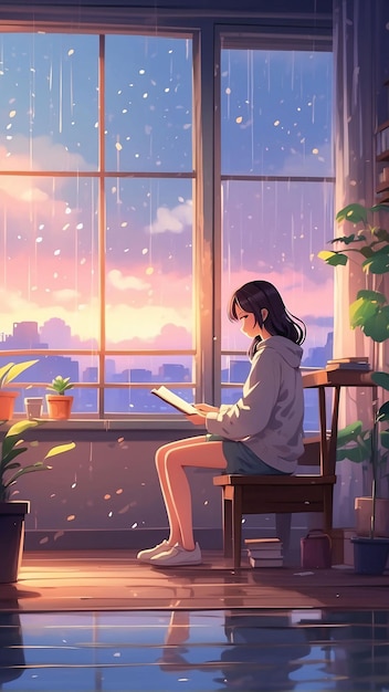 Comfortable Study Room with Rainy clouds outside the Window Anime Illustration Wallpaper