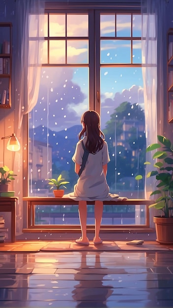 Удобная учебная комната с дождливыми облаками за окном иллюстрация аниме обои
