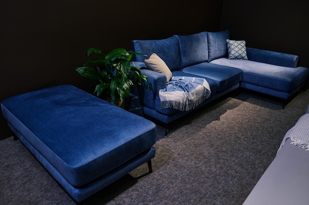 Comfortable stylish navy blue velour sofa with beige cushions\
and ottoman displayed for sale in the exhibition hall home design\
concept