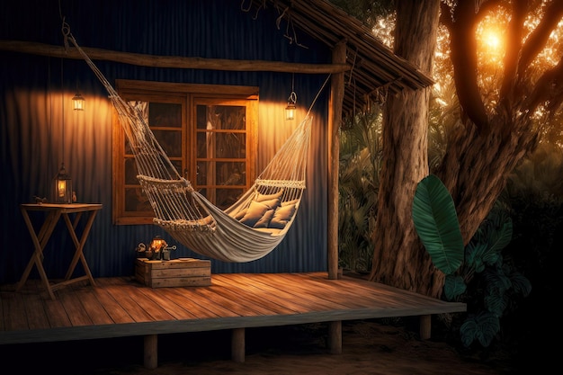 Comfortable and stylish wooden hut with hammock in tropical forest