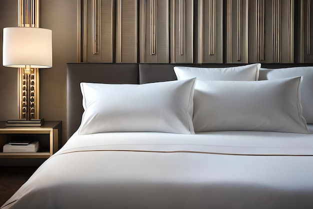 Photo comfortable white pillows on a bed hotel room concept