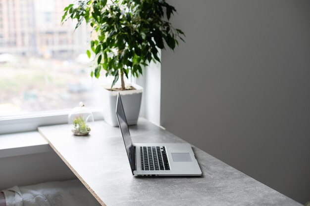 Comfortable working place. Close-up of comfortable working place in office with wooden table and laptop laying on it