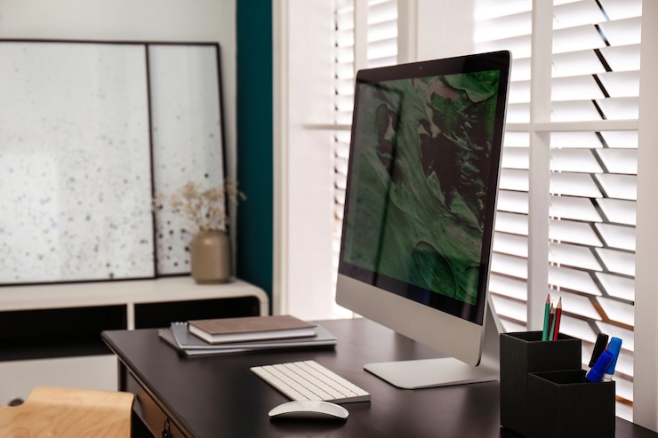 Photo comfortable workplace near window with white horizontal blinds in room