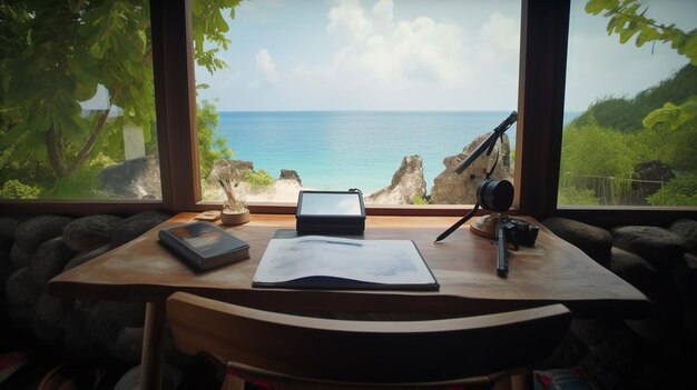 Comfortable workplace at the table with a gorgeous view from the cave to the exotic tropical beach and rocks