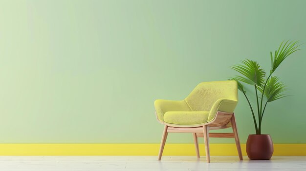 A comfortable yellow armchair sits in a bright room with a potted plant next to it The room has a green wall and a yellow floor